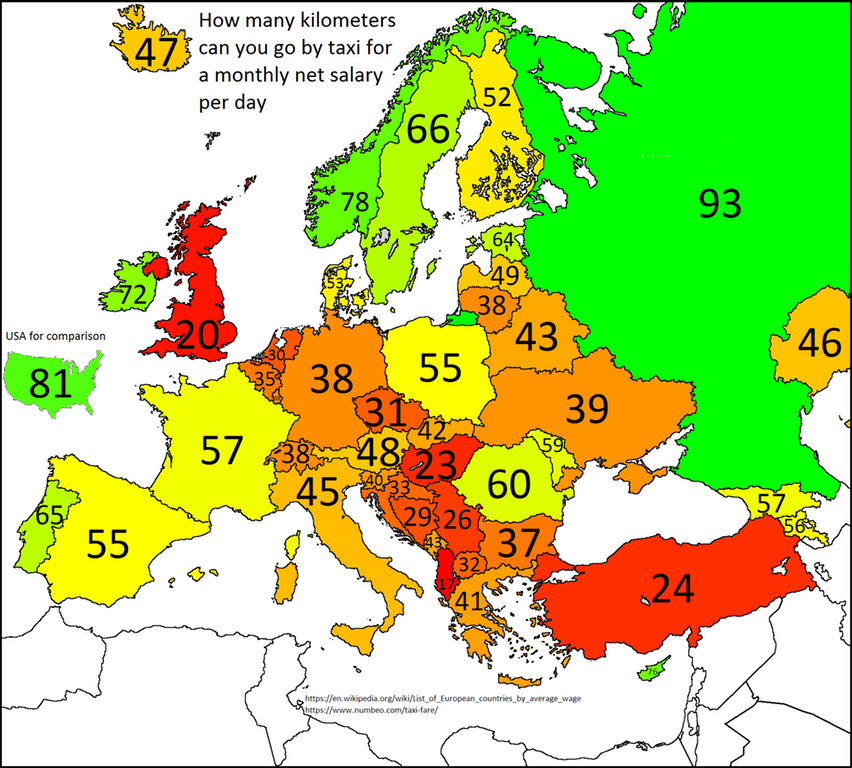 Ένας παγκόσμιος χάρτης που δείχνει τα χιλιόμετρα που μπορεί να διανύσει κάποιος καθε μέρα σύμφωνα με το μηνιαίο μισθό σε κάθε Ευρωπαϊκή χώρα